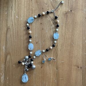 Elegant Blue Beaded Necklace & Silver Earring Set
